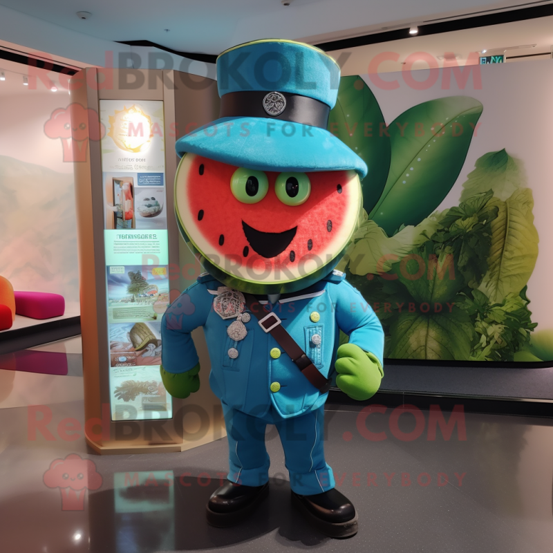 Turquoise Watermelon mascot costume character dressed with a Leather Jacket and Berets