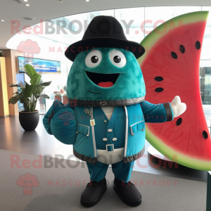 Turquoise Watermelon mascot costume character dressed with a Leather Jacket and Berets