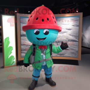 Turquoise Watermelon mascot costume character dressed with a Leather Jacket and Berets