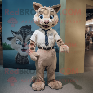 Beige Lynx mascot costume character dressed with a Oxford Shirt and Shoe laces