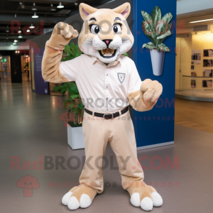 Beige Lynx mascot costume character dressed with a Oxford Shirt and Shoe laces
