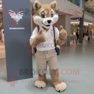 Beige Lynx mascot costume character dressed with a Oxford Shirt and Shoe laces