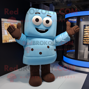 Sky Blue Chocolate Bar mascot costume character dressed with a Bodysuit and Gloves