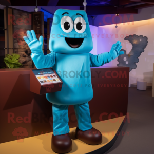 Sky Blue Chocolate Bar mascot costume character dressed with a Bodysuit and Gloves