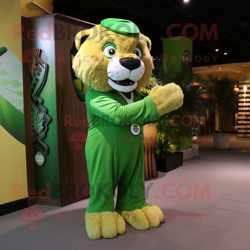 Green Saber-Toothed Tiger mascot costume character dressed with a Dress and Ties Green Saber-Toothed Tiger mascot costume character dressed with a Dress and Ties