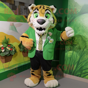 Green Saber-Toothed Tiger mascot costume character dressed with a Dress and Ties
