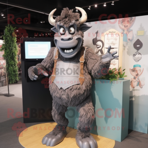 Gray Minotaur mascot costume character dressed with a Playsuit and Wallets