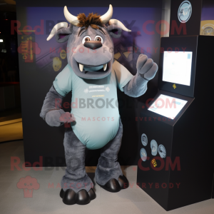 Gray Minotaur mascot costume character dressed with a Playsuit and Wallets