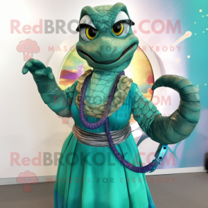 Teal Snake mascot costume character dressed with a A-Line Skirt and Bracelets