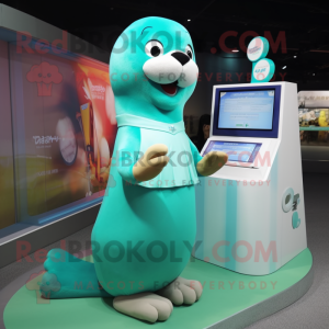 Cyan Sea Lion mascot costume character dressed with a A-Line Skirt and Digital watches