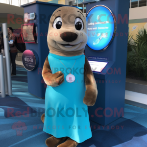 Cyan Sea Lion mascot costume character dressed with a A-Line Skirt and Digital watches