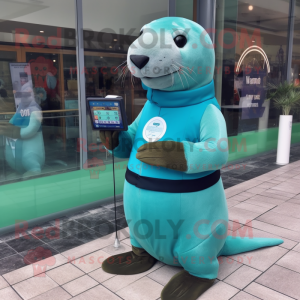Cyan Sea Lion mascot costume character dressed with a A-Line Skirt and Digital watches