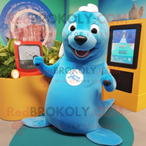 Cyan Sea Lion mascot costume character dressed with a A-Line Skirt and Digital watches