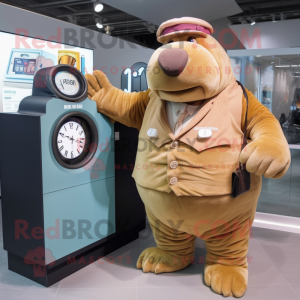 Tan Walrus mascot costume character dressed with a Vest and Digital watches