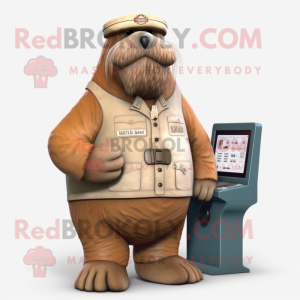 Tan Walrus mascot costume character dressed with a Vest and Digital watches