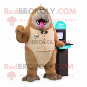 Tan Walrus mascot costume character dressed with a Vest and Digital watches