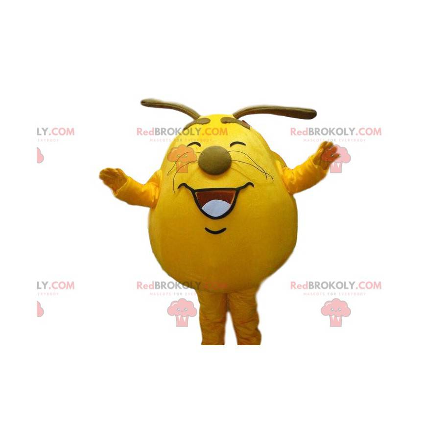 Mascote de monstro amarelo fofo e jovial, fantasia de cabeça