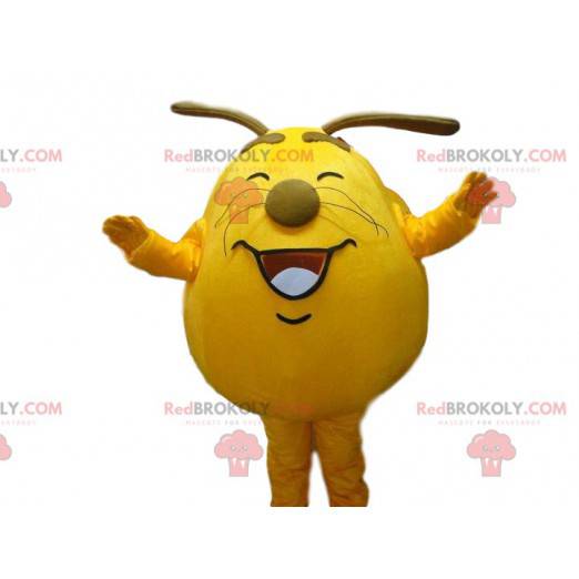 Geel monster mascotte, schattig en joviaal, groot hoofd kostuum