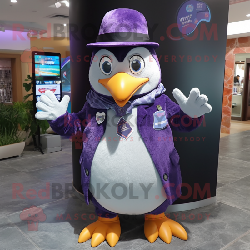 Purple Penguin mascot costume character dressed with a Dress Shirt and Keychains