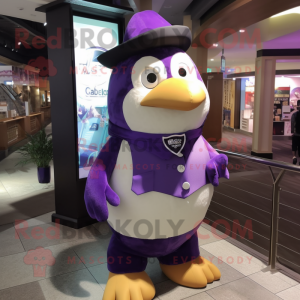 Purple Penguin mascot costume character dressed with a Dress Shirt and Keychains
