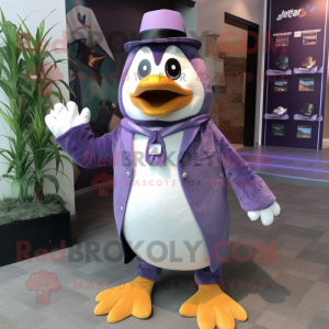 Purple Penguin mascot costume character dressed with a Dress Shirt and Keychains