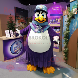 Purple Penguin mascot costume character dressed with a Dress Shirt and Keychains