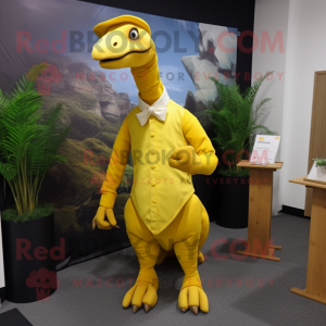 Yellow Parasaurolophus mascot costume character dressed with a Waistcoat and Hairpins