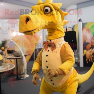 Yellow Parasaurolophus mascot costume character dressed with a Waistcoat and Hairpins