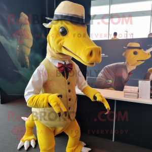 Yellow Parasaurolophus mascot costume character dressed with a Waistcoat and Hairpins