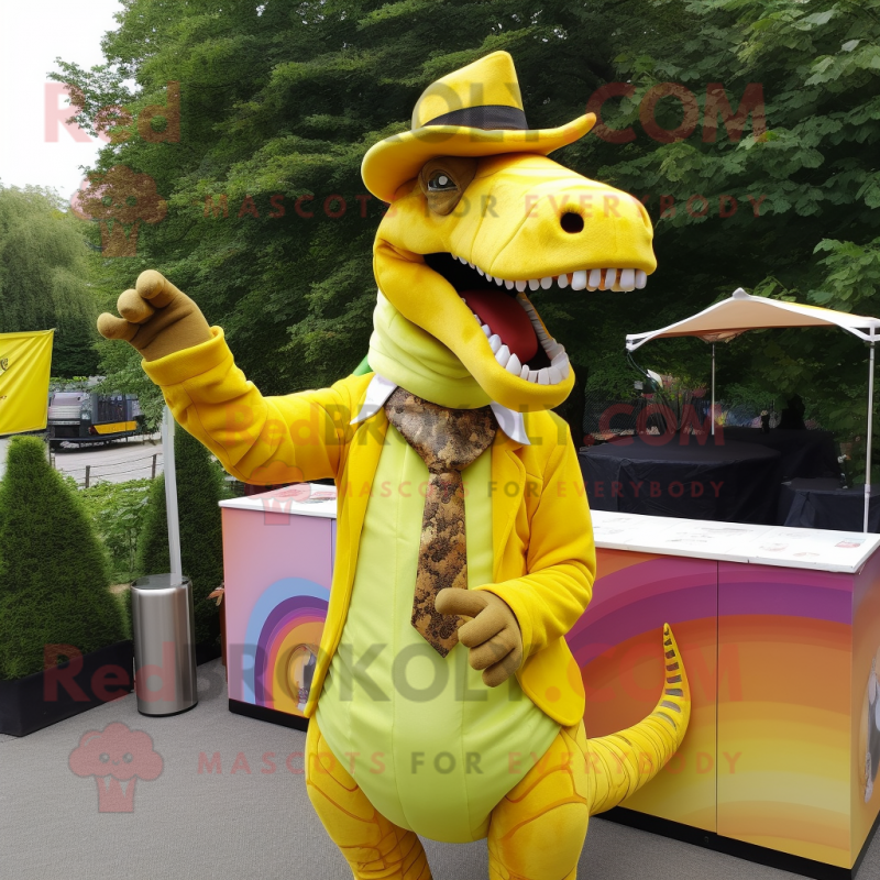 Yellow Parasaurolophus mascot costume character dressed with a Waistcoat and Hairpins