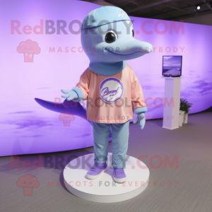 Lavender Dolphin mascot costume character dressed with a Skinny Jeans and Bracelets