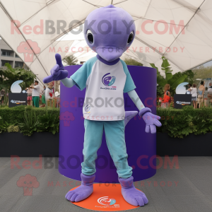 Lavender Dolphin mascot costume character dressed with a Skinny Jeans and Bracelets