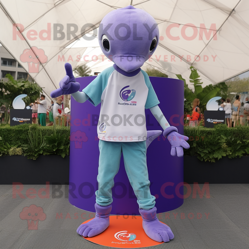Lavender Dolphin mascot costume character dressed with a Skinny Jeans and Bracelets Lavender Dolphin mascot costume character dressed with a Skinny Jeans and Bracelets