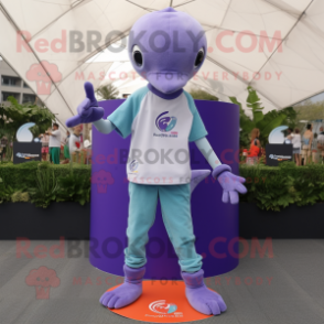 Lavender Dolphin mascot costume character dressed with a Skinny Jeans and Bracelets