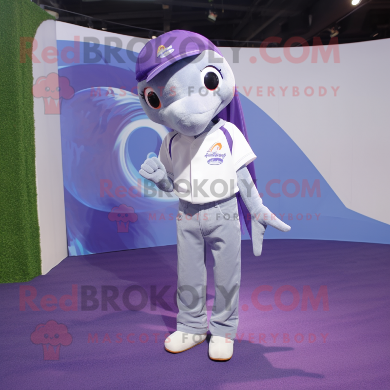 Lavender Dolphin mascot costume character dressed with a Skinny Jeans and Bracelets Lavender Dolphin mascot costume character dressed with a Skinny Jeans and Bracelets