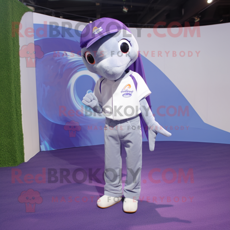 Lavender Dolphin mascot costume character dressed with a Skinny Jeans and Bracelets