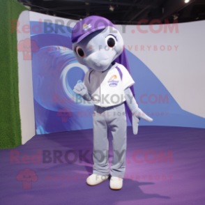 Lavender Dolphin mascot costume character dressed with a Skinny Jeans and Bracelets