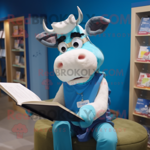 Blue Hereford Cow mascot costume character dressed with a Leggings and Reading glasses