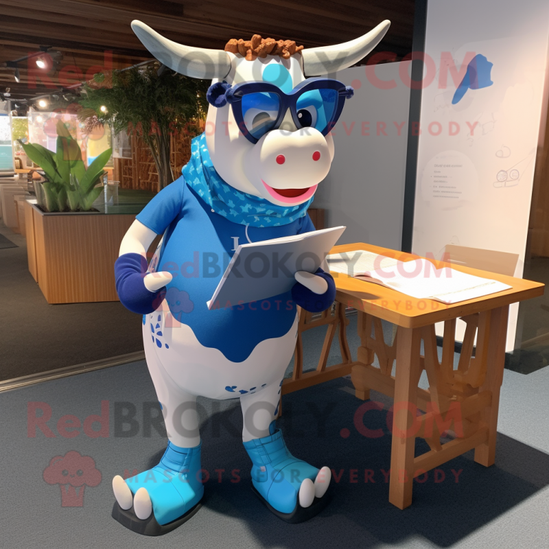 Blue Hereford Cow mascot costume character dressed with a Leggings and Reading glasses Blue Hereford Cow mascot costume character dressed with a Leggings and Reading glasses