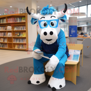 Blue Hereford Cow mascot costume character dressed with a Leggings and Reading glasses