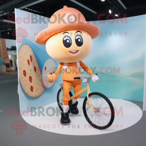 Peach Unicyclist mascot costume character dressed with a Cargo Pants and Hat pins