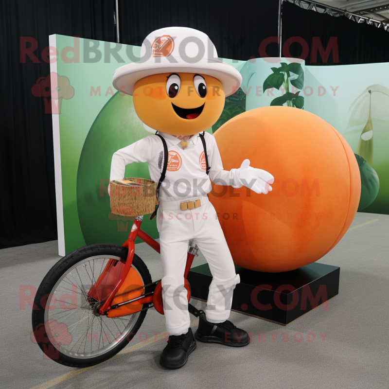 Peach Unicyclist mascot costume character dressed with a Cargo Pants and Hat pins