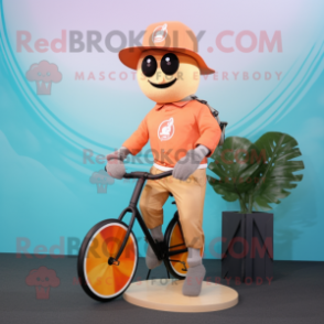 Peach Unicyclist mascot costume character dressed with a Cargo Pants and Hat pins