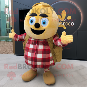 Gold Shakshuka mascot costume character dressed with a Flannel Shirt and Messenger bags