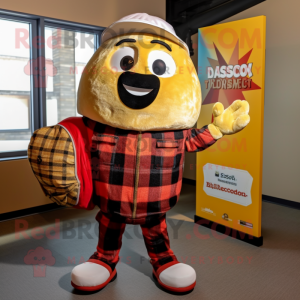 Gold Shakshuka mascot costume character dressed with a Flannel Shirt and Messenger bags