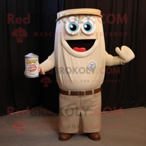 Tan Soda Can mascot costume character dressed with a Henley Shirt and Tie pins