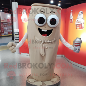 Tan Soda Can mascot costume character dressed with a Henley Shirt and Tie pins