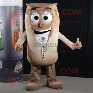 Tan Soda Can mascot costume character dressed with a Henley Shirt and Tie pins