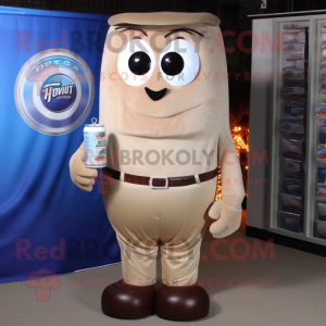 Tan Soda Can mascot costume character dressed with a Henley Shirt and Tie pins