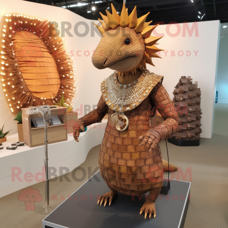 Rust Armadillo mascot costume character dressed with a Sheath Dress and Necklaces